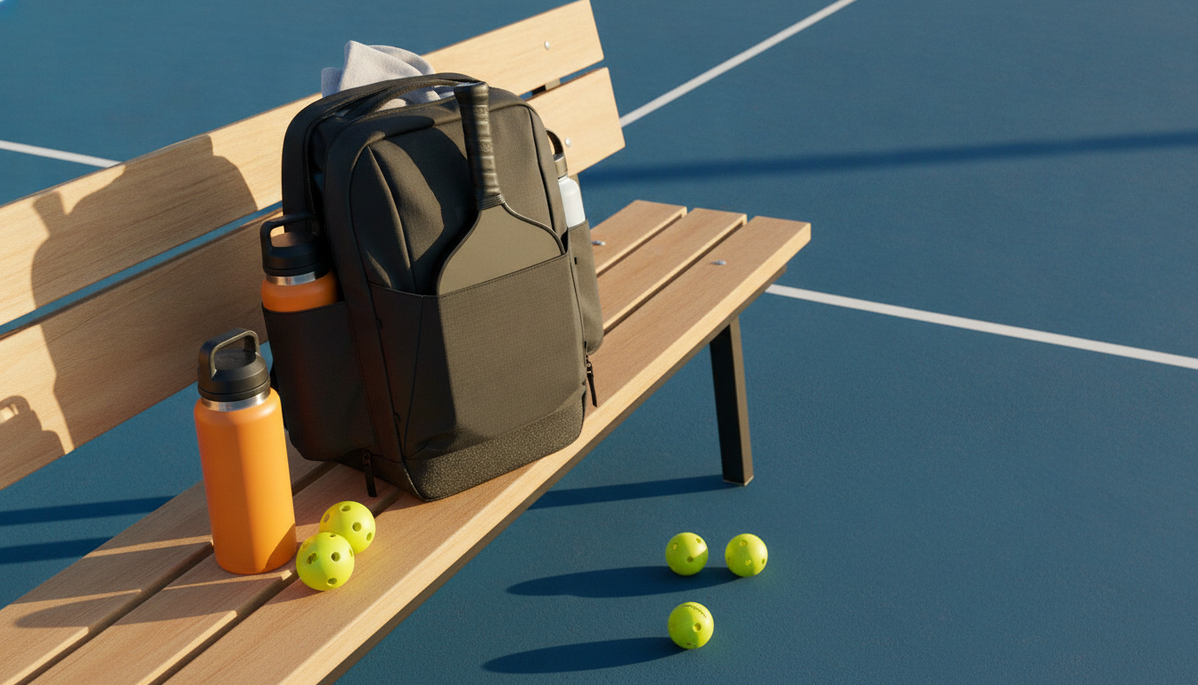 Pickleball gear organized courtside before a session, backpack open with paddle and balls ready
