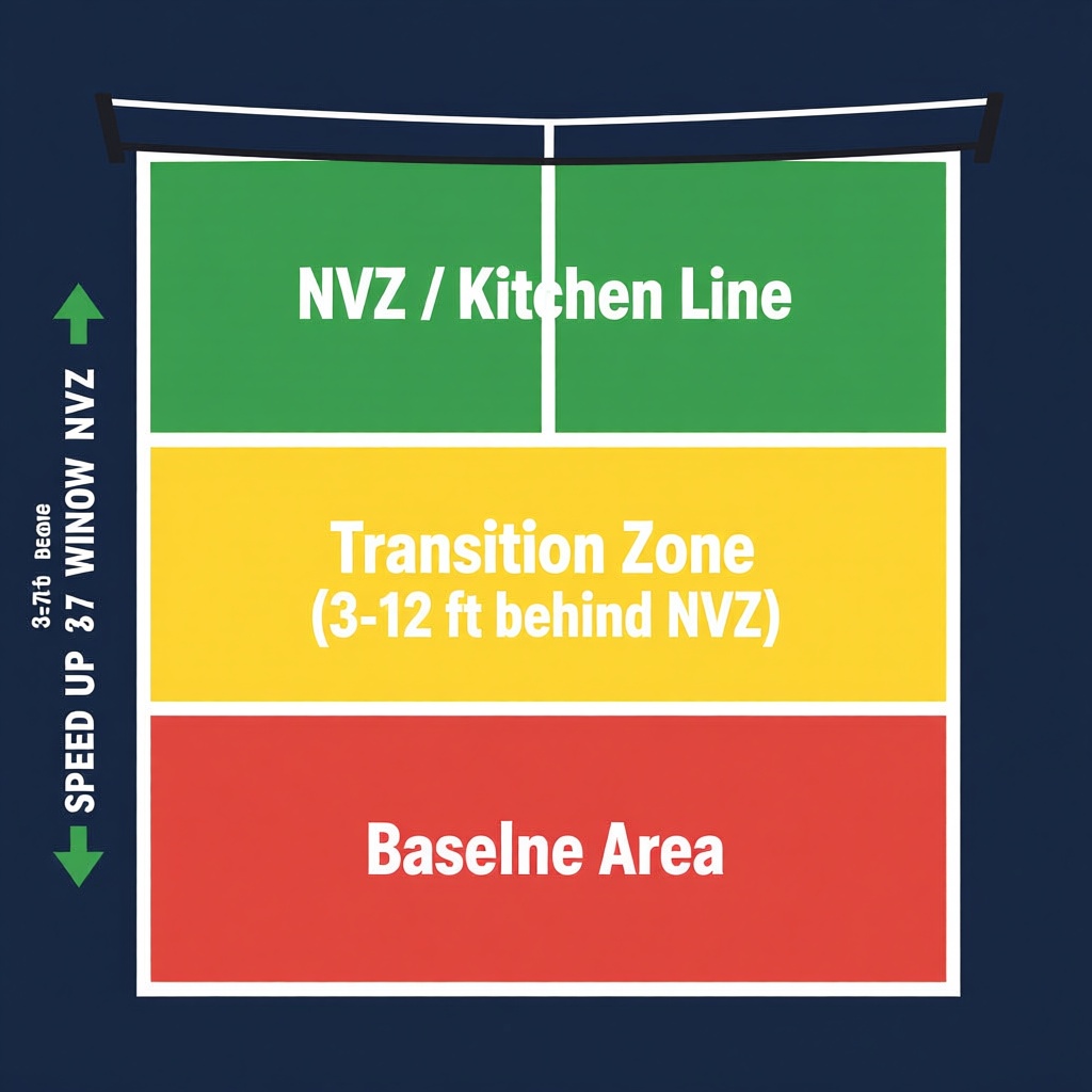 Bird's eye view diagram of pickleball court showing NVZ kitchen zone, transition zone, and baseline area with speed up window marked 3-7 feet behind the NVZ line