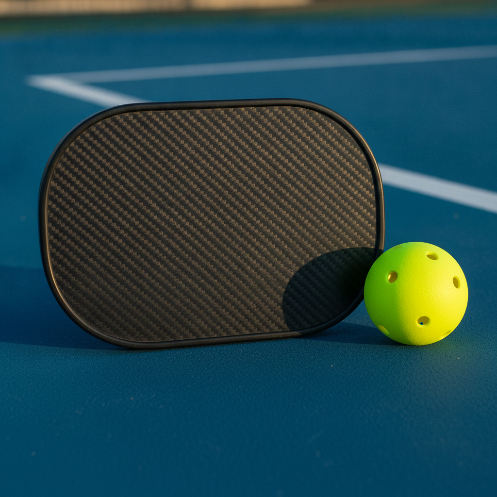 Pickleball paddle face resting on outdoor court surface showing carbon texture