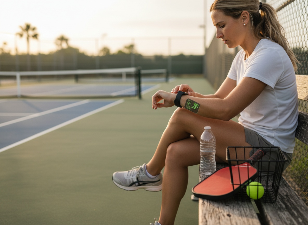 Pickleball player checking smartwatch heart rate data on courtside bench between games