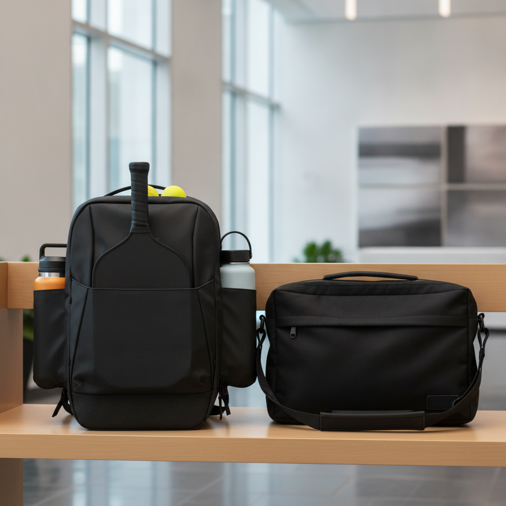 JOOLA Everyday Backpack on courtside bench next to laptop — work to court commuter bag