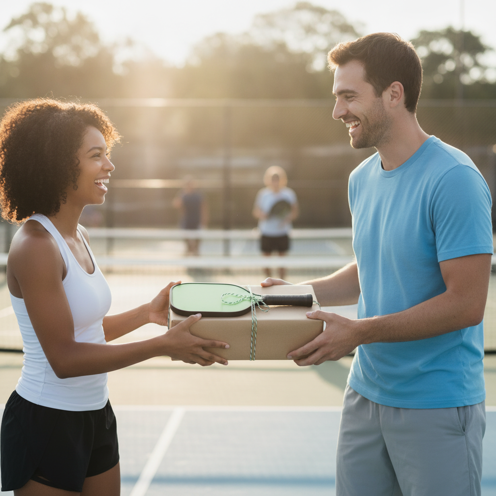 Two pickleball friends at the court — one giving a pickleball gift to the other