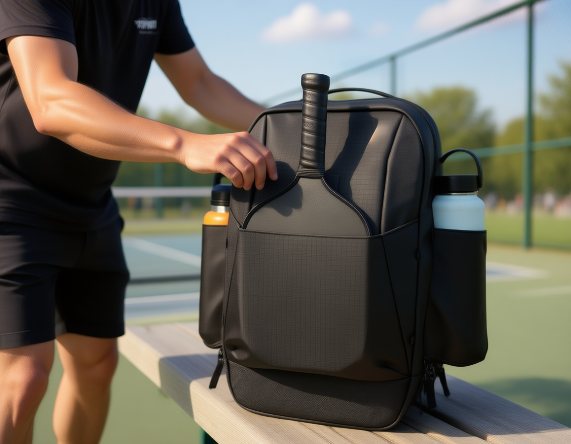 Pickleball player at outdoor court reaching into backpack for paddle — courtside gear organization