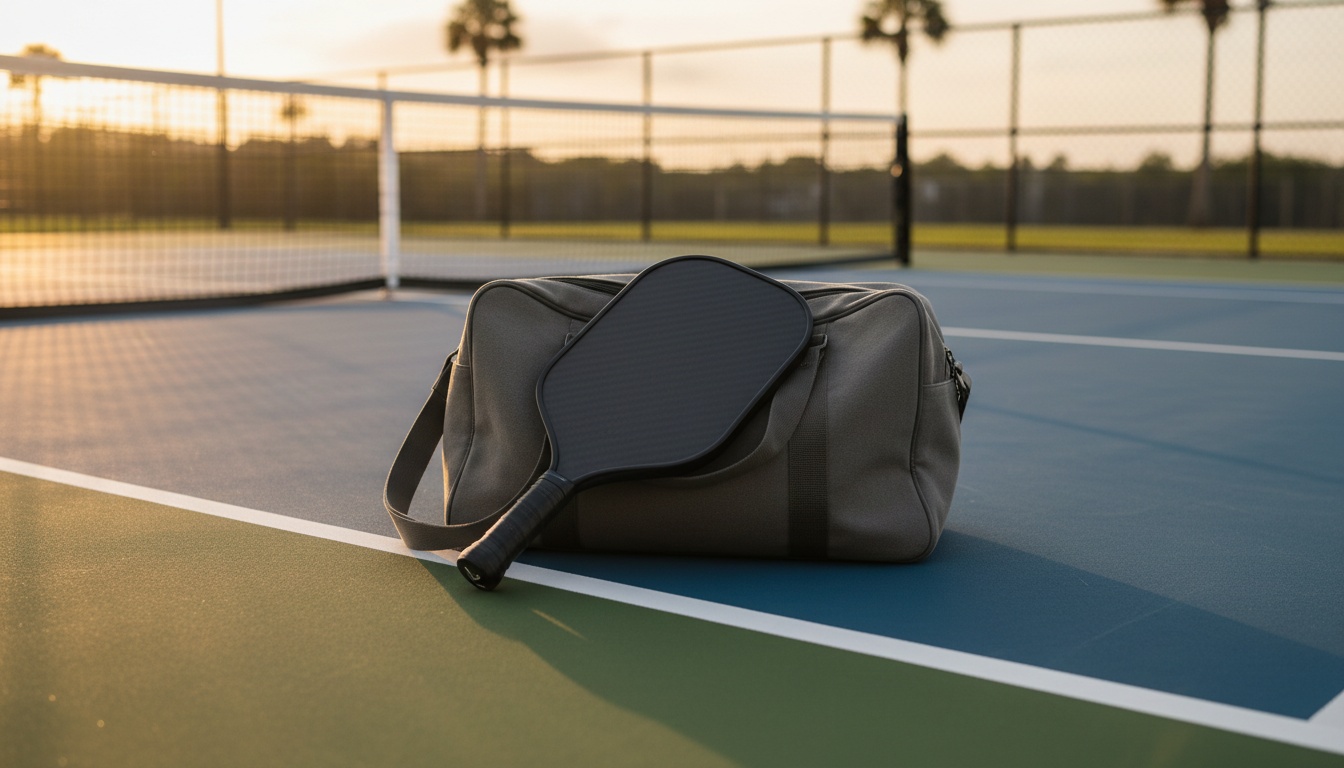 Outdoor pickleball court at golden hour with premium carbon fiber paddle near the kitchen line - JOOLA Scorpeus Pro IV review