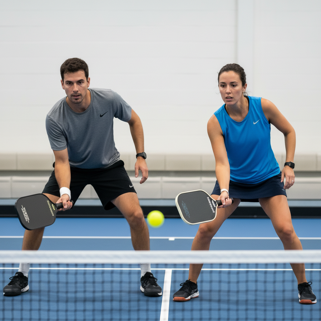 Two pickleball players in an intense dink exchange at the kitchen line, paddles raised in ready position
