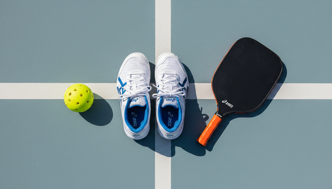 ASICS Gel-Resolution X pickleball court shoe flat-lay with paddle and ball on outdoor court