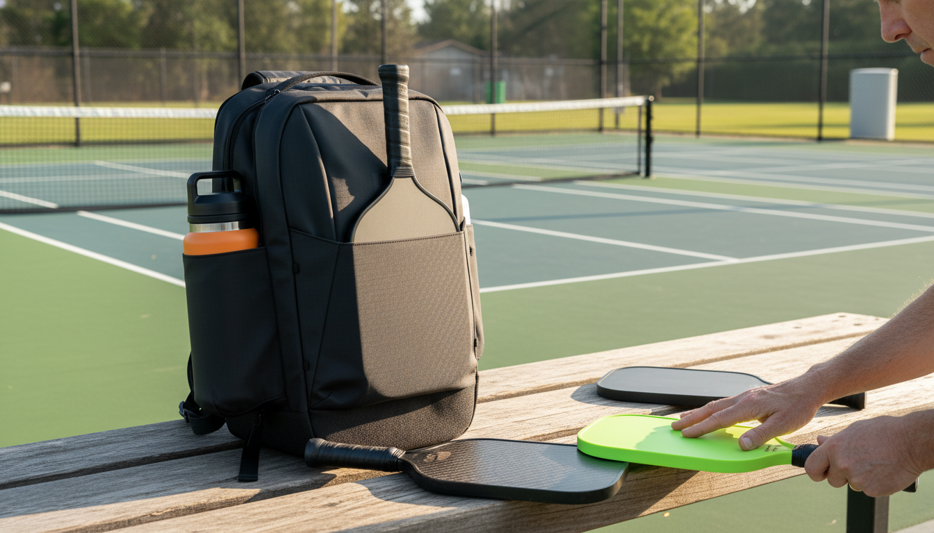 Player comparing pickleball paddle core thickness options at an outdoor pickleball court