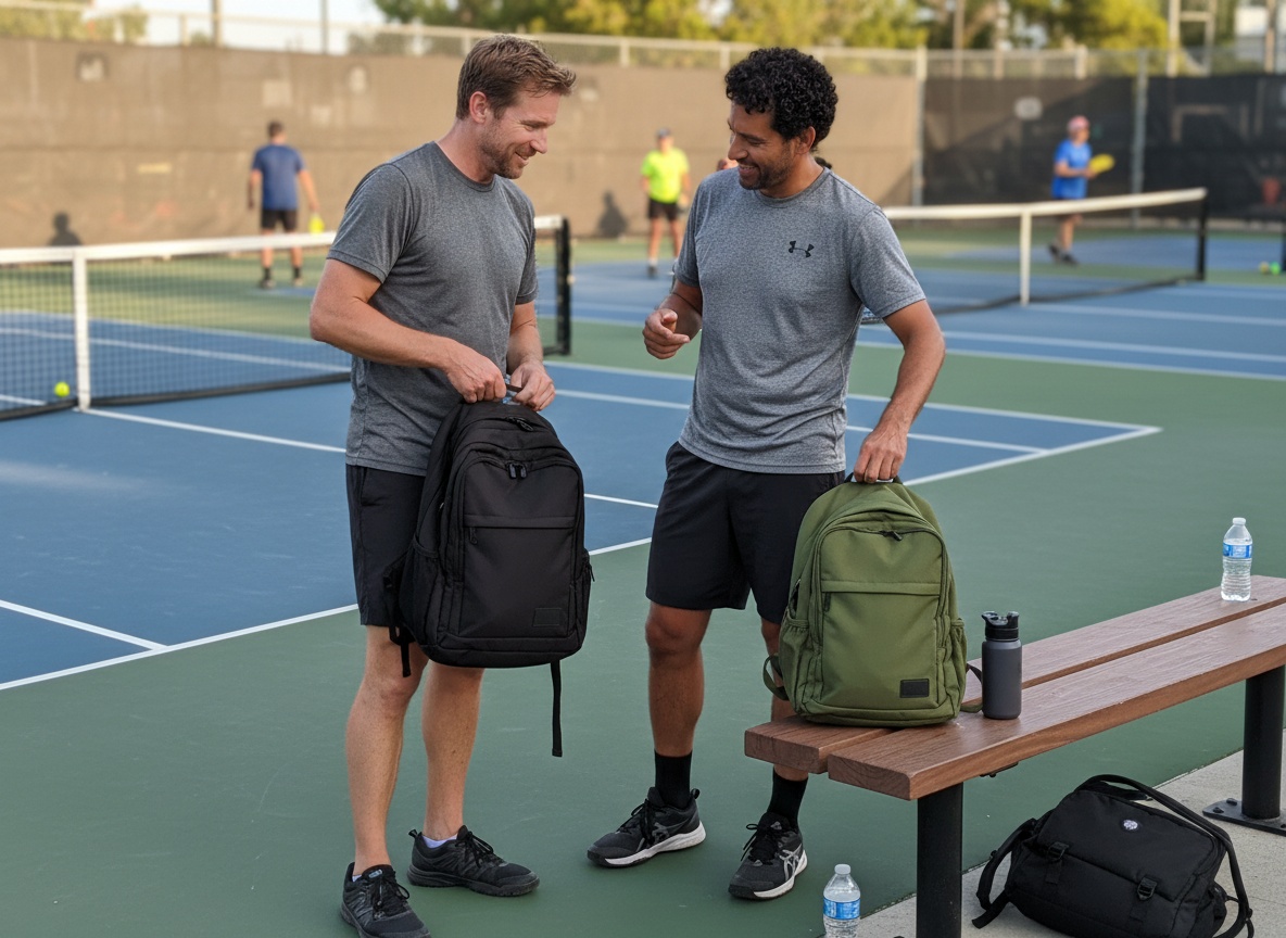 Pickleball players comparing bags at a tournament venue between games