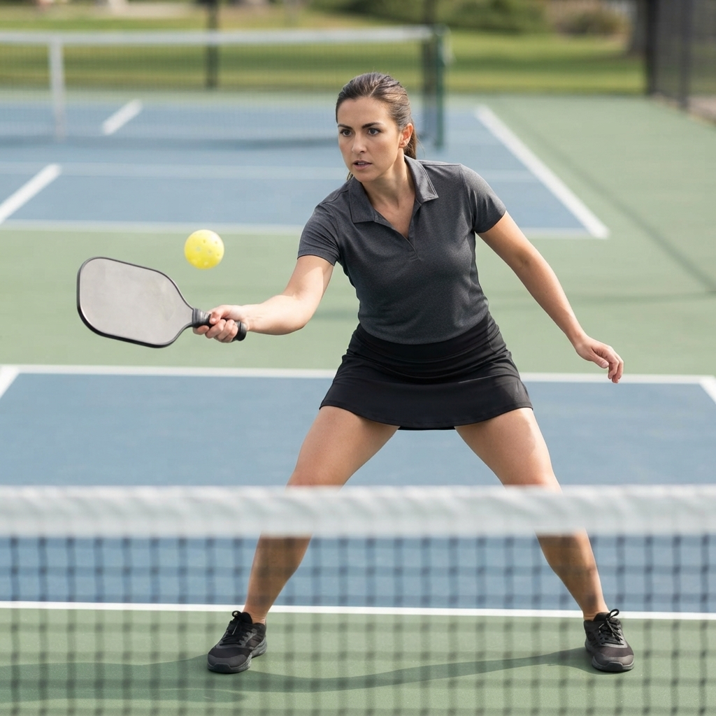 Pickleball player at the kitchen line executing a firm punch volley on an outdoor court