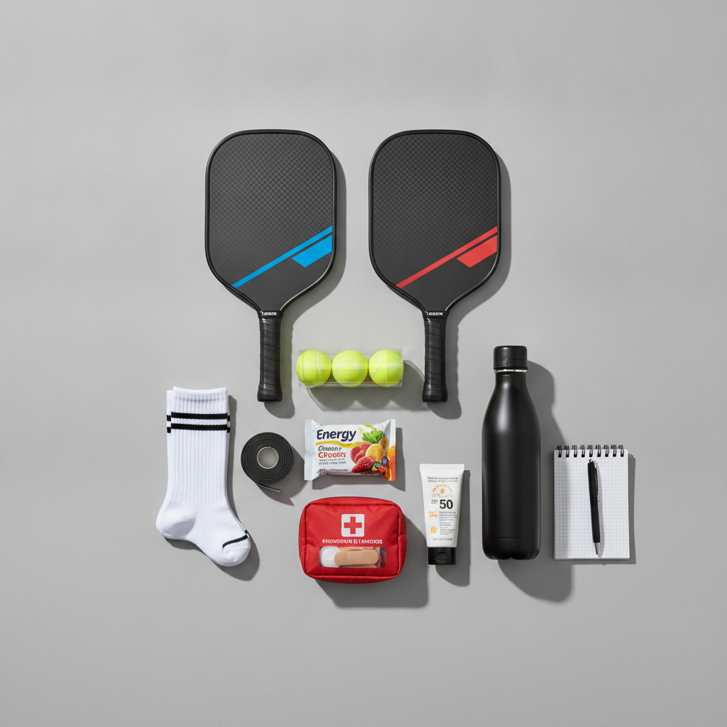 Flat-lay of pickleball tournament gear: paddles, balls, energy snacks, water bottle, grip tape, and first-aid supplies
