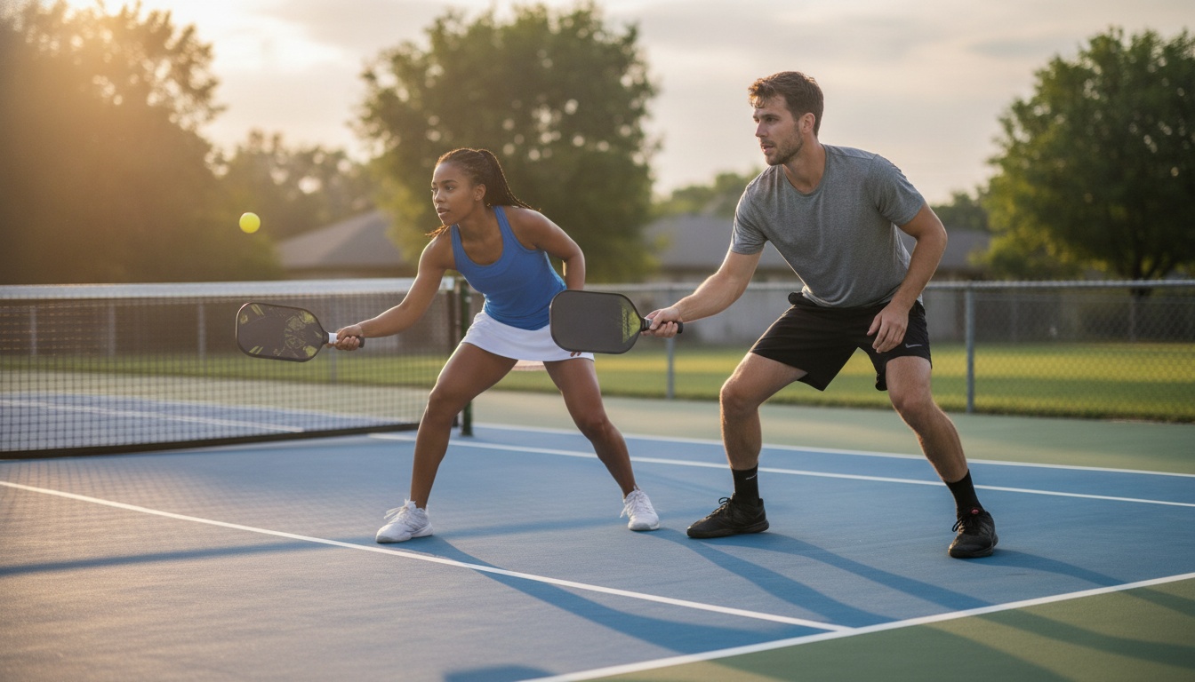 Two pickleball players in intense doubles rally on an outdoor hard court at golden hour