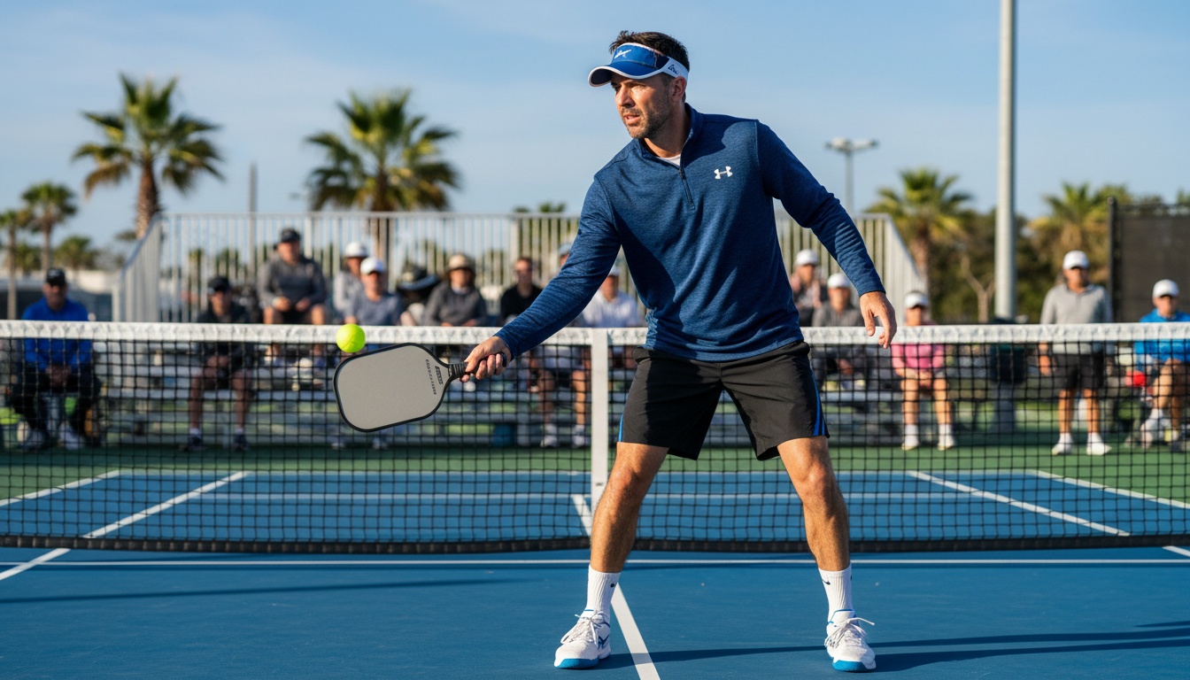 Male pickleball player wearing navy quarter-zip pullover at kitchen line during outdoor match
