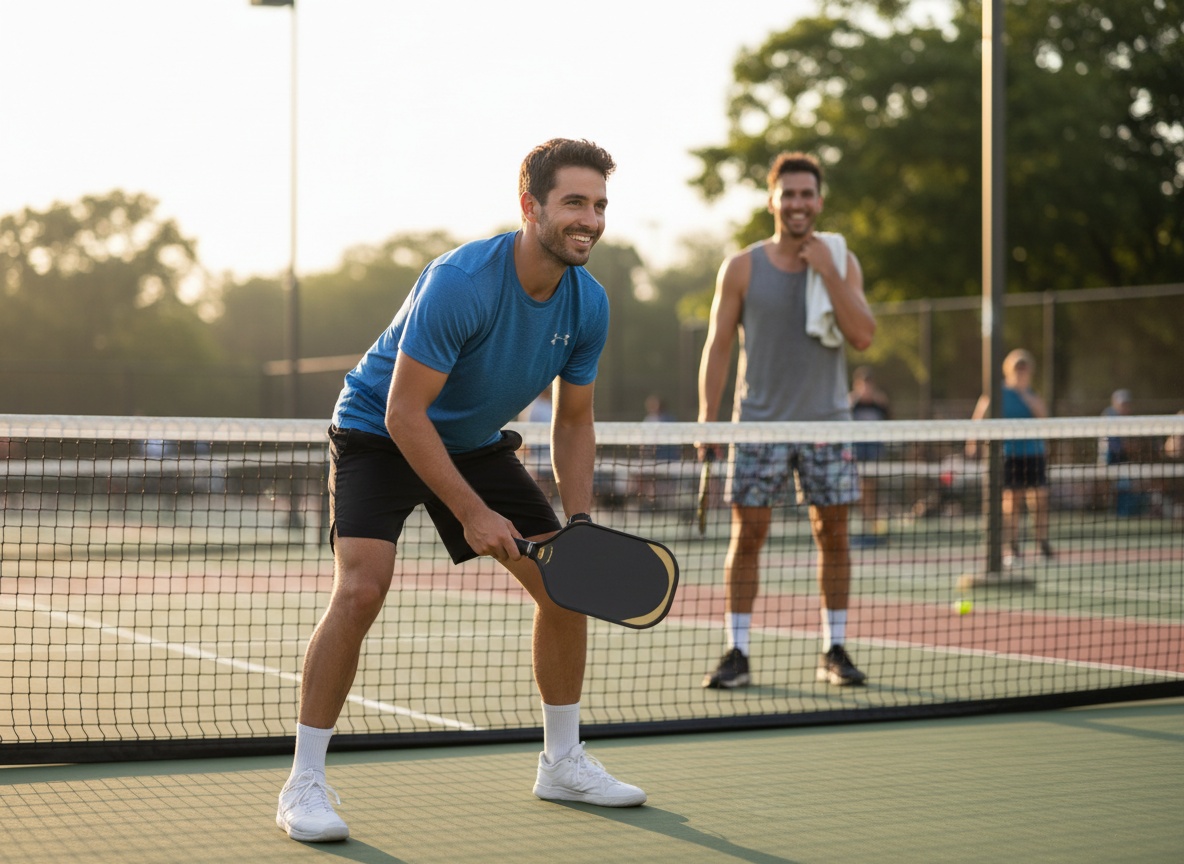 Pickleball players at the non-volley zone during a match, one player in ready position with an elongated paddle demonstrating net positioning
