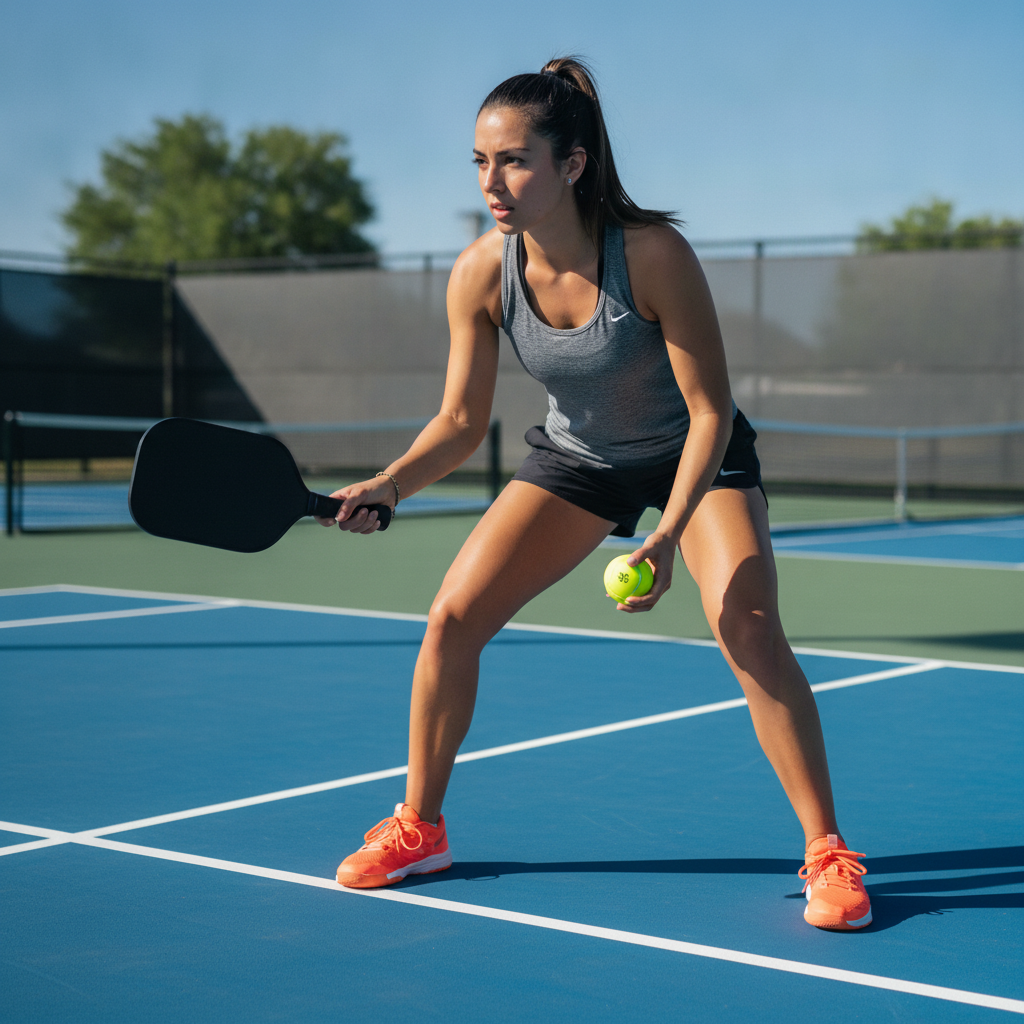 Solo pickleball player in focused drill stance at the non-volley zone line on an outdoor court