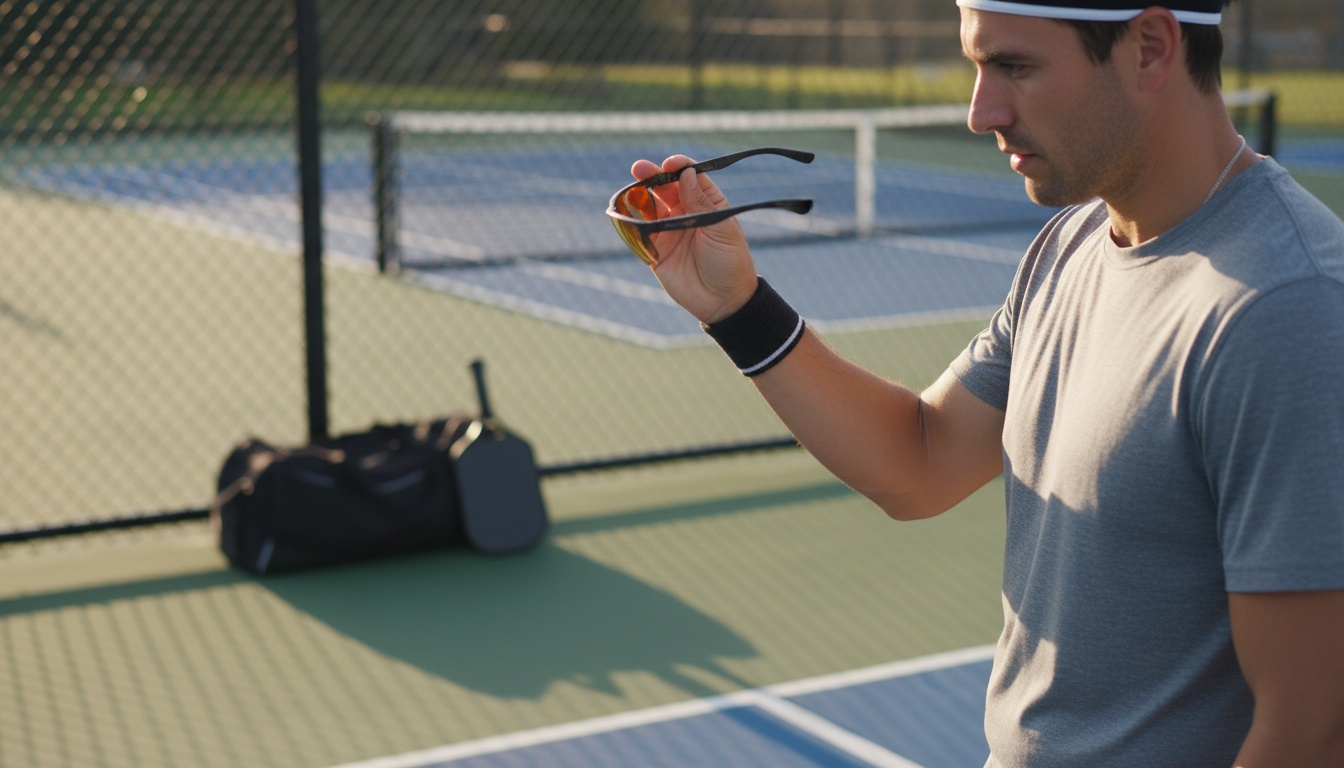 Player inspecting photochromic pickleball glasses at court sideline in afternoon light