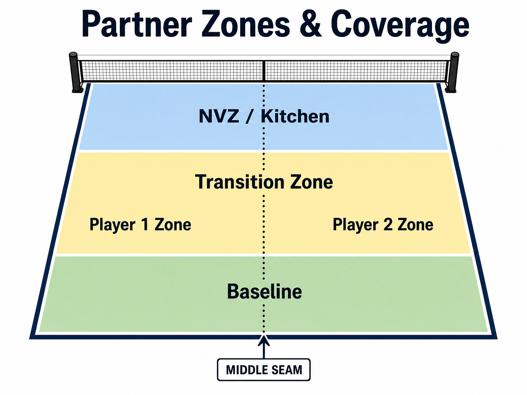 Pickleball doubles court zone diagram showing player coverage zones, middle seam, NVZ, transition zone, and baseline