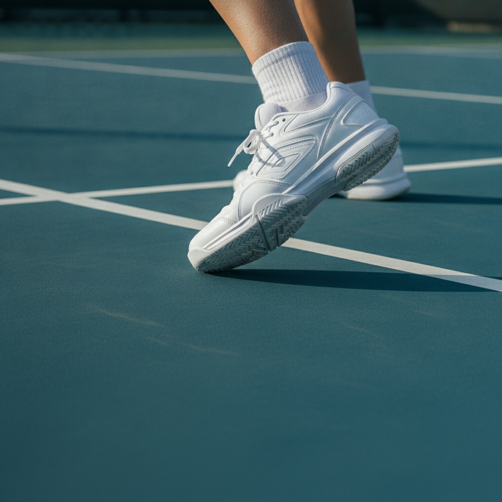 Competitive pickleball player mid-lateral-cut on outdoor hard court wearing premium court shoes