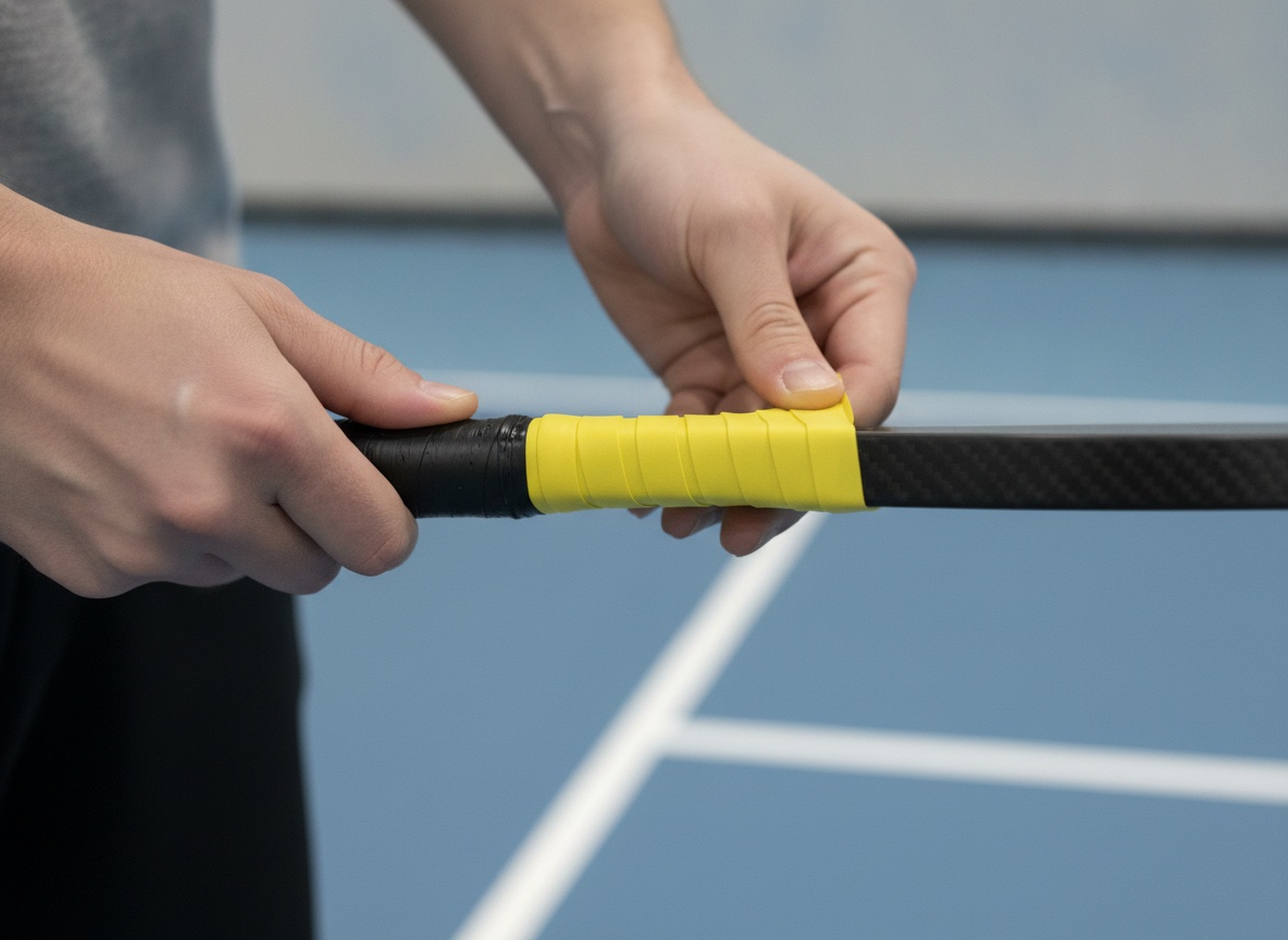 Hands applying a yellow pickleball overgrip to a paddle handle at 45-degree angle showing proper wrap technique