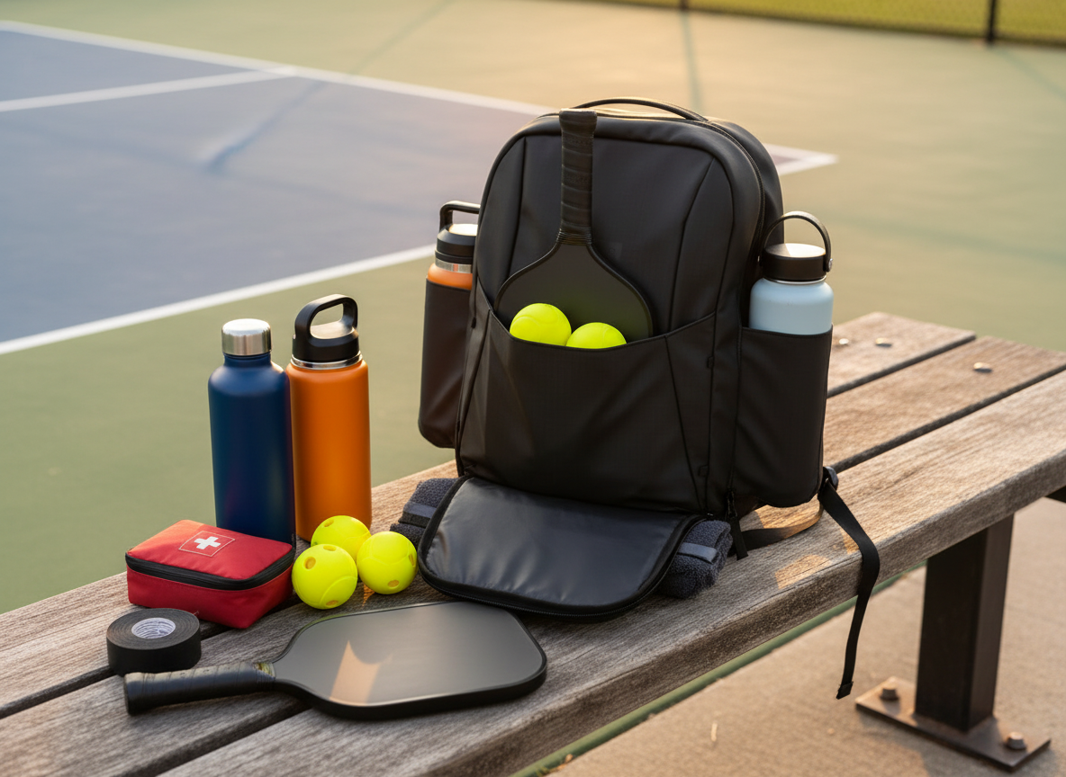 FORWRD Court Caddy pickleball backpack packed open with tournament gear organized around it — paddles, water bottle, overgrips, and recovery kit on a courtside bench