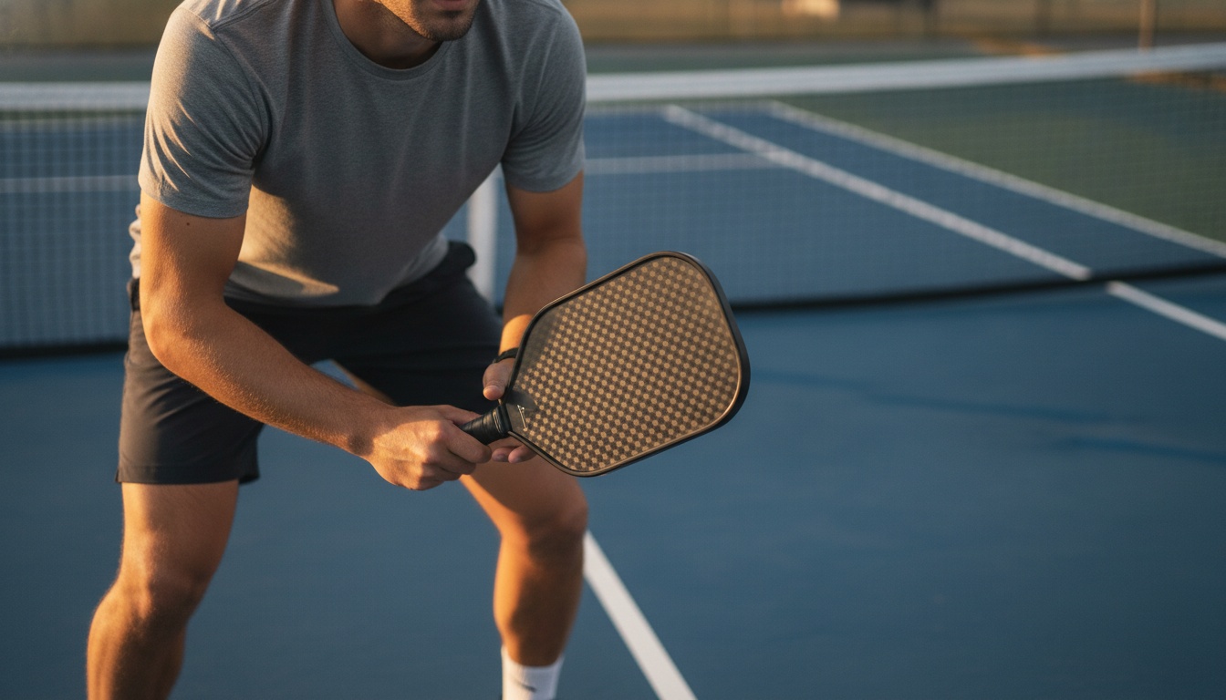 Pickleball player executing a dink shot at the kitchen line with an elongated carbon fiber paddle