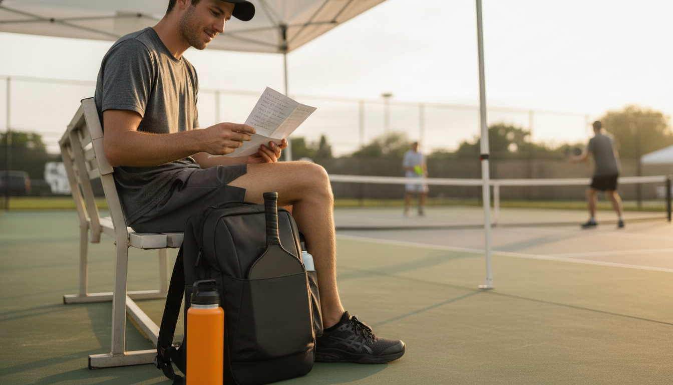 Pickleball player reviewing tournament preparation notes on a clipboard between matches at an outdoor tournament