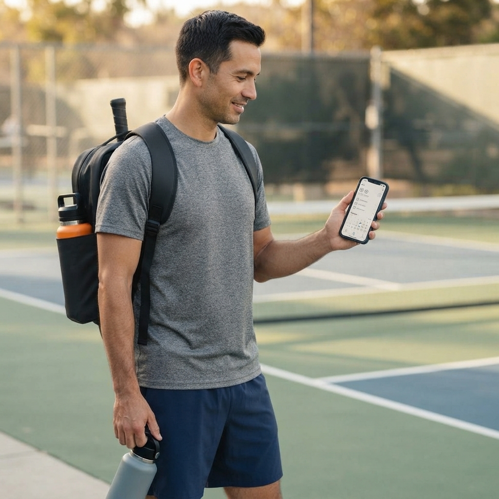 Adult pickleball player checking phone at an outdoor court, reviewing league schedule or registration app before a summer match
